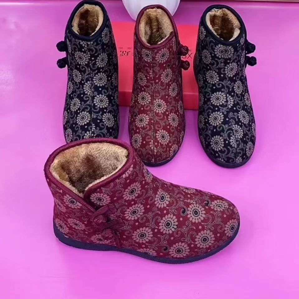 百乐麟中老年雪地靴女棉鞋布面加绒保暖复古民族风妈妈鞋冬季女棉