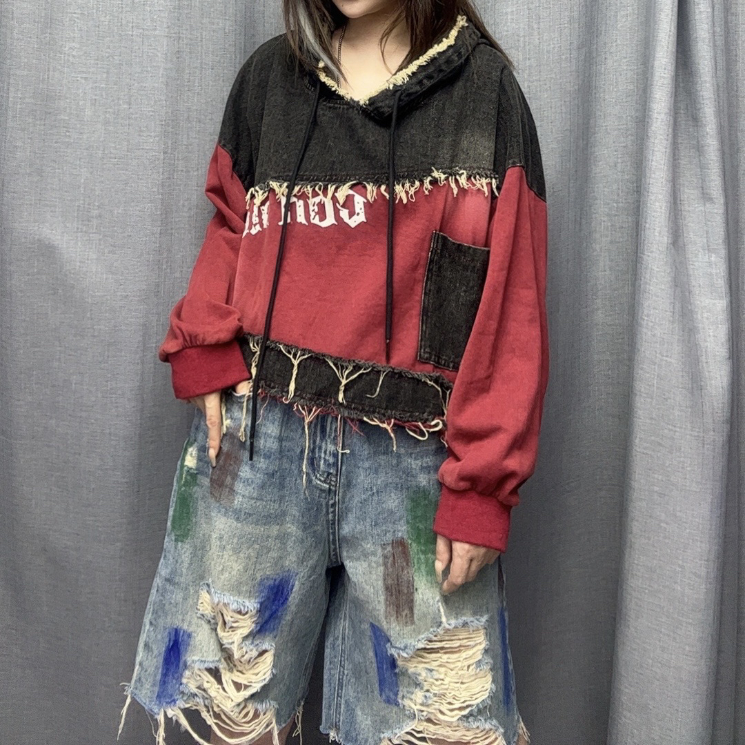 2024年秋季新款牛仔拼接水洗做旧磨破连帽时尚卫衣长袖上衣休闲