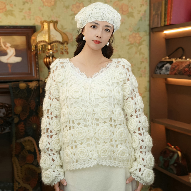 马海毛玫瑰花开衫 纯手工规则版型毛衣 秋冬小仙女上衣