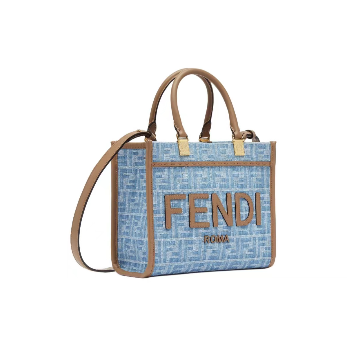 99新 FENDI/芬迪 牛仔浅蓝色sunshine 小号双F老花托特包单肩包