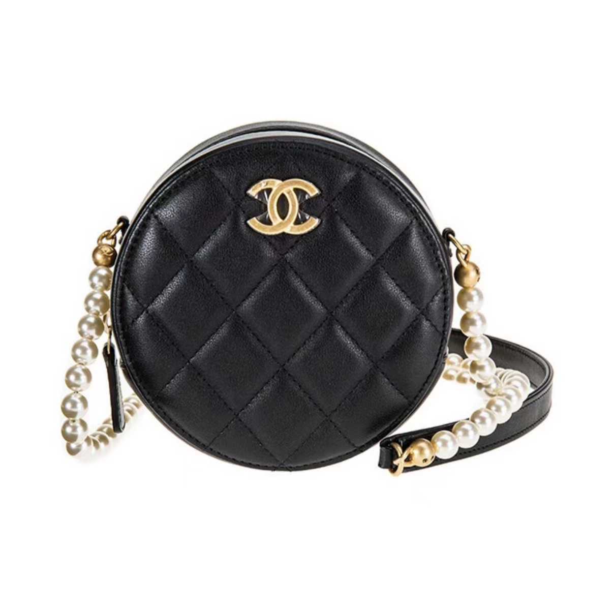 99新 Chanel/香奈儿 黑金小牛皮珍珠链条金扣链条包