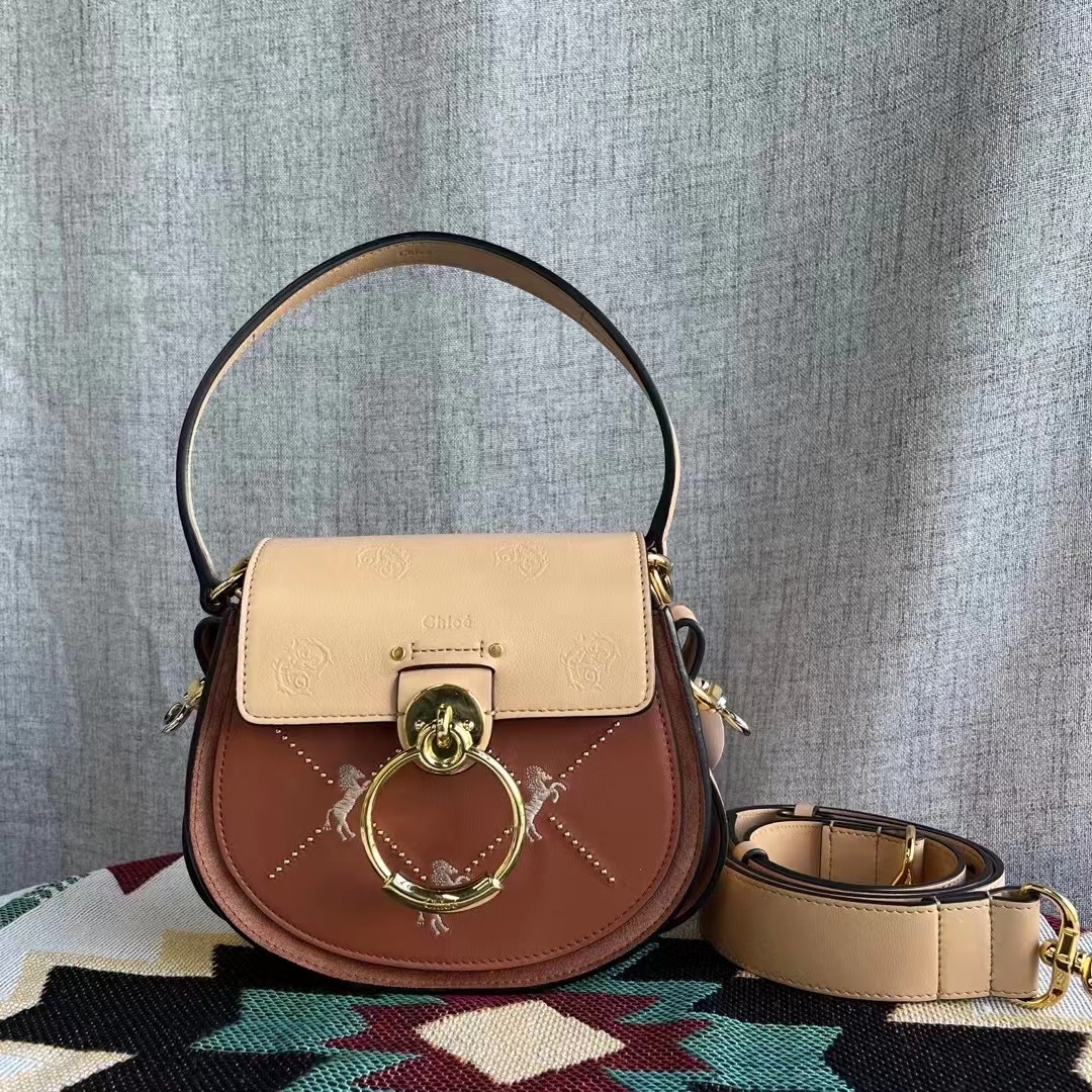 95新 Chloe/蔻依  拼色小马刺绣牛皮tess马鞍包/小猪包