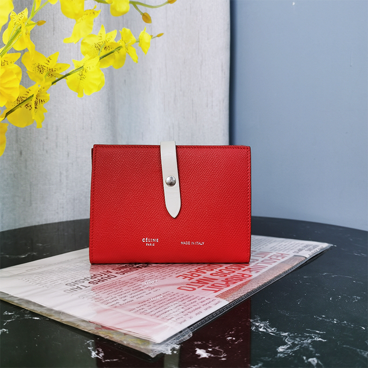 95新 Celine/思琳 中号双色粒面饰带钱包