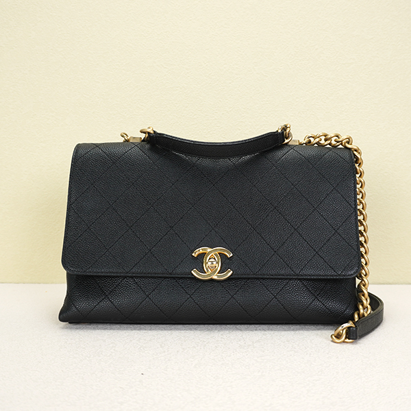 95新 Chanel/香奈儿 黑金荔枝纹牛皮单肩手提包