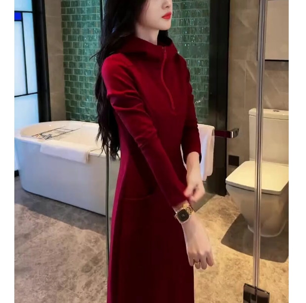秋季新款简约气质百搭修身显瘦连帽中长款连衣裙ZJ112501