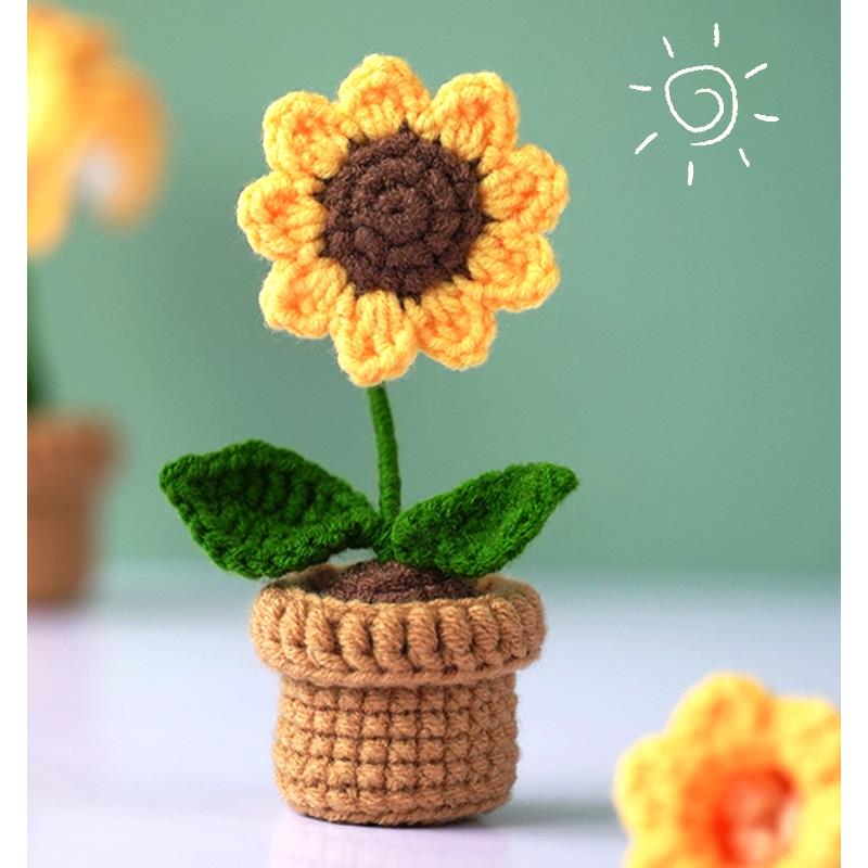 毛线手工编织钩针款花束diy材料包向日葵盆栽手编玫瑰花自制礼物