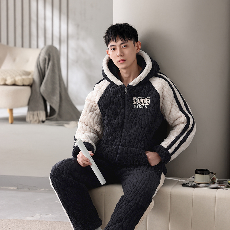 睡衣男士冬加绒加厚三层夹棉珊瑚绒2024年新款大码冬天家居服套装