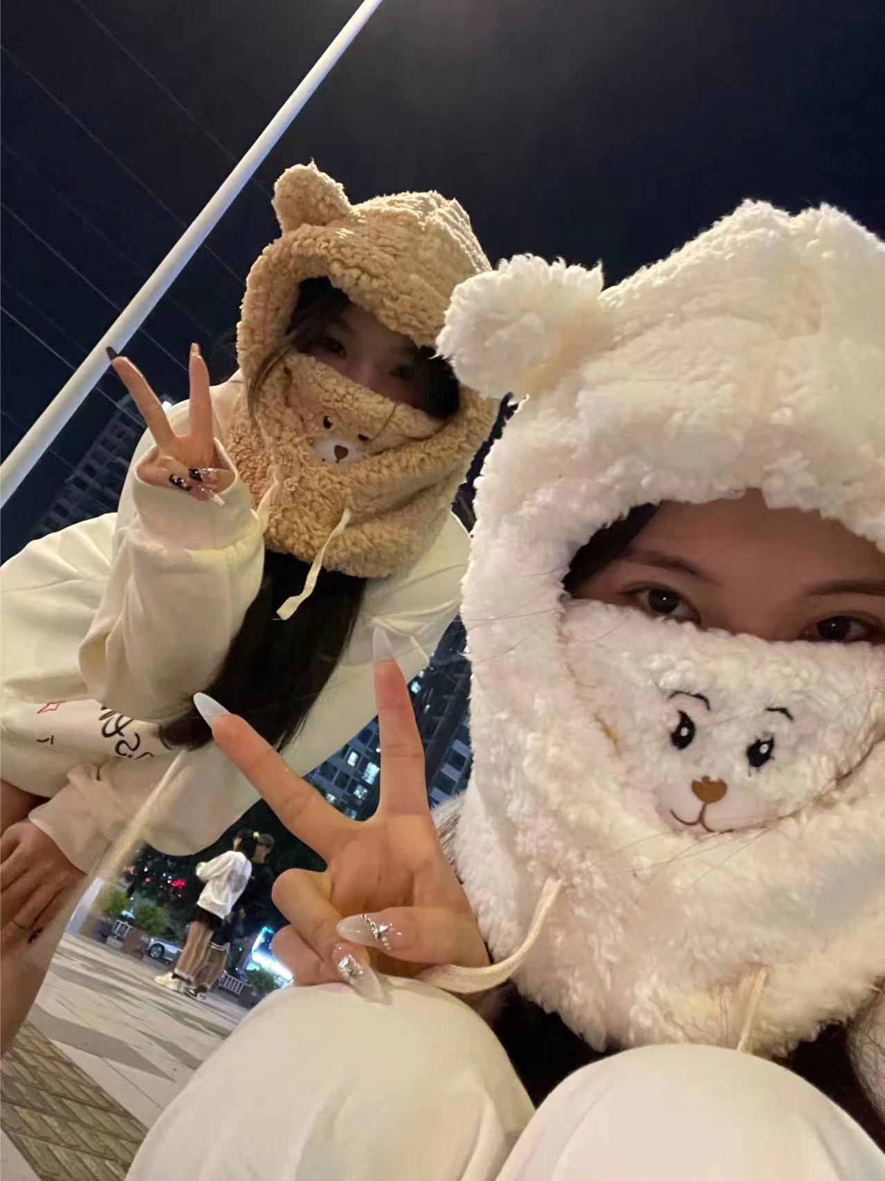 小熊帽子骑车保暖可爱防风防寒围巾一体套头口罩围脖居家日用帽子