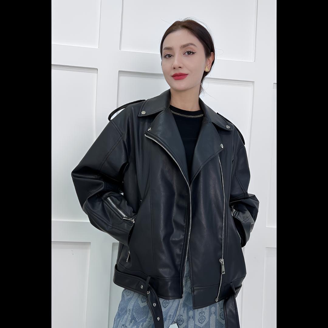 （mdn-073）百搭皮夹克外套时尚黑色宽松翻领秋季网红设计感春秋