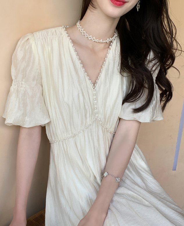 【晨曦专属】法式连衣裙高级感收腰显瘦v领泡泡袖长裙