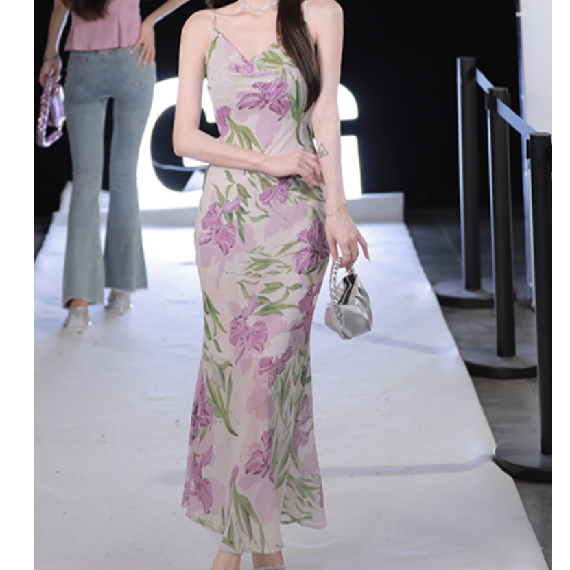 【晨曦专属】法式复古百合花碎花吊带连衣裙夏季