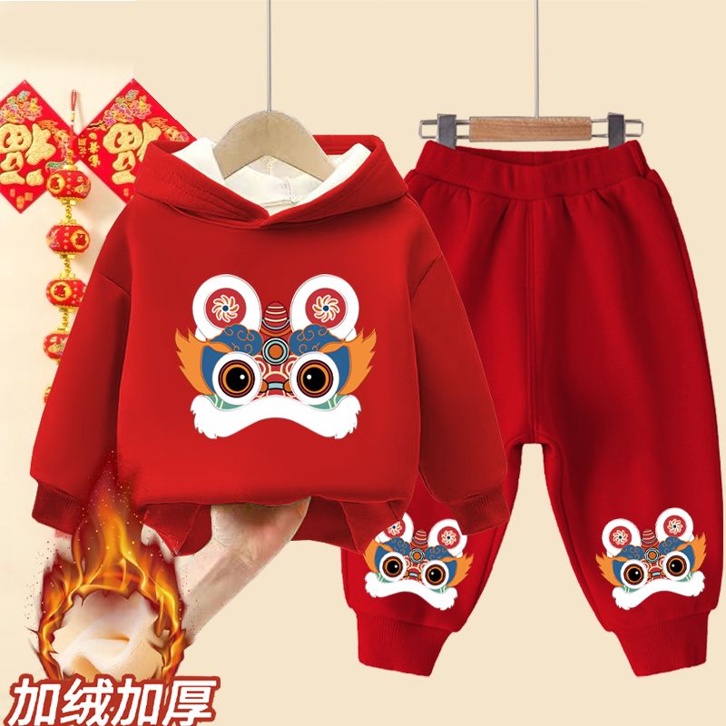 儿童新年衣服套装过年宝宝拜年服男女童卫衣加绒加厚洋气单件套潮