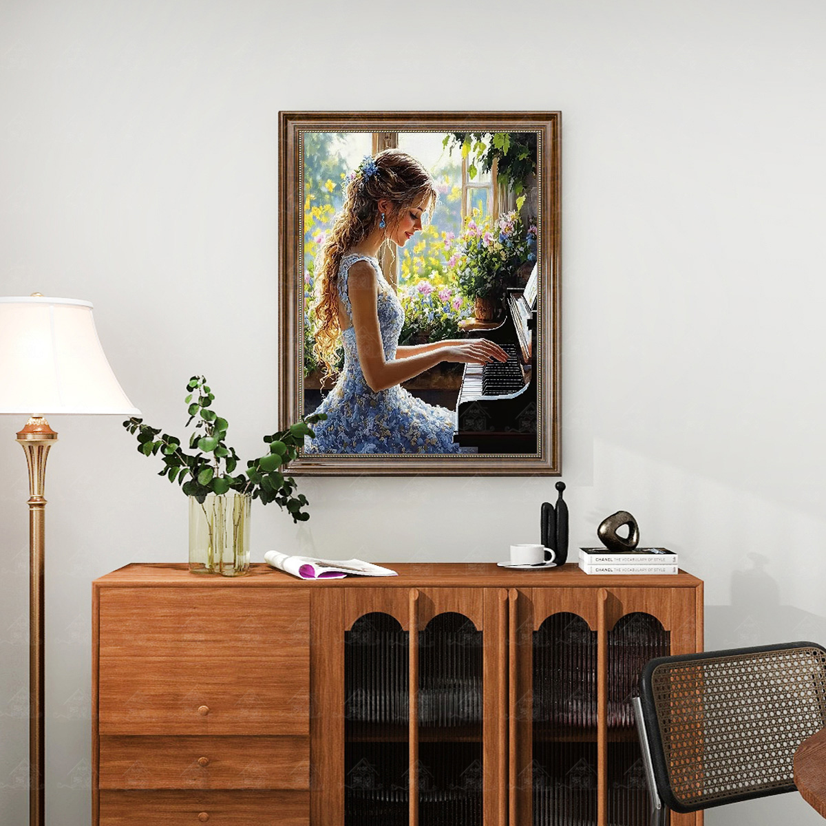 爱阁十字绣弹钢琴的女孩新款现代简约可爱装饰画手工线绣小清新