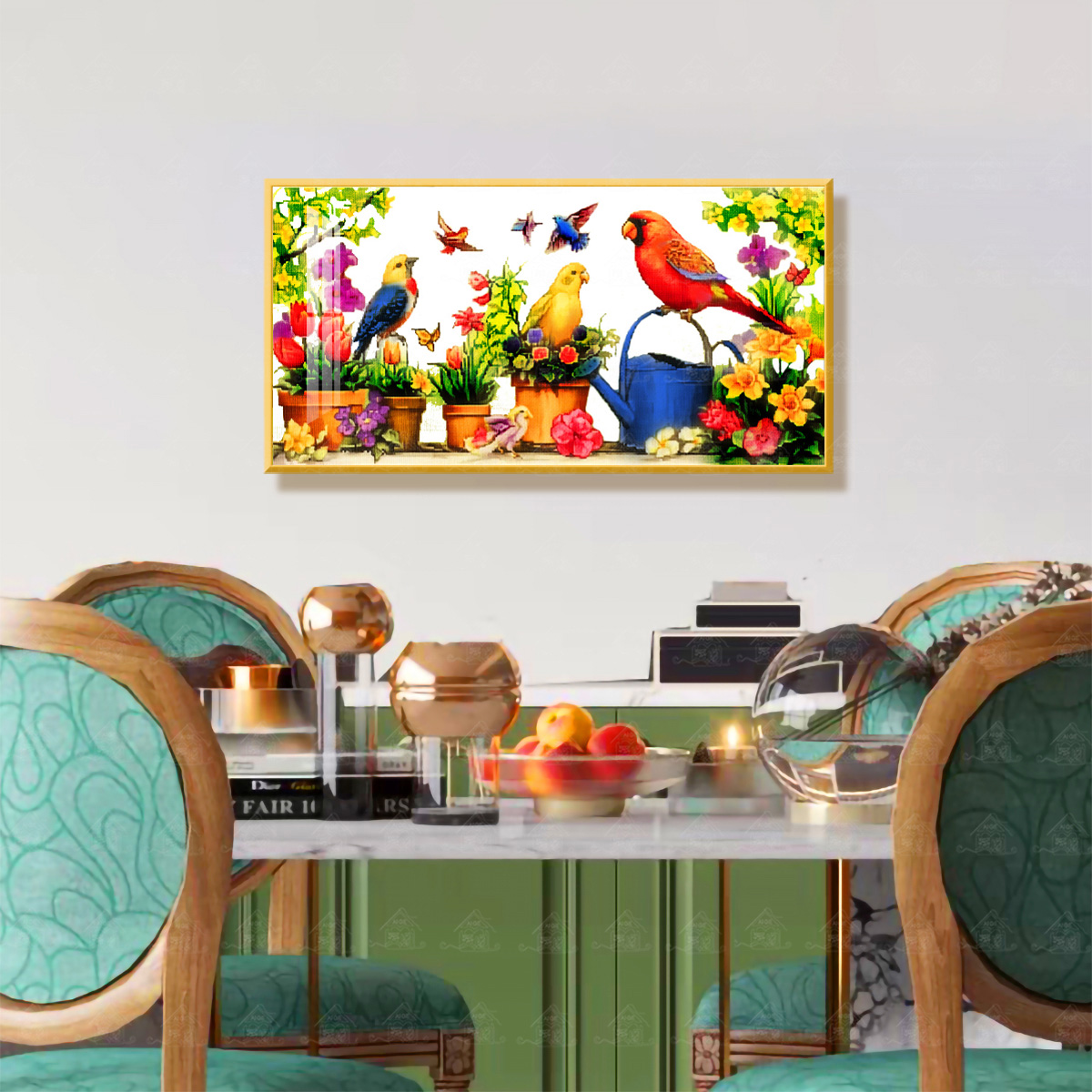 爱阁十字绣鸟在花园里聚集新款现代简约动物花卉客厅装饰手工线绣