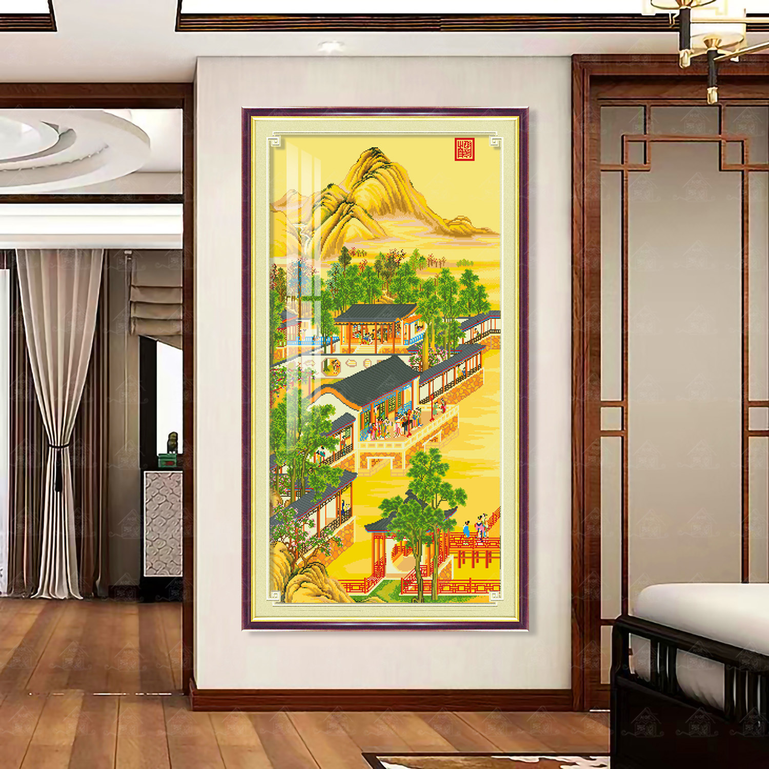 爱阁十字绣 雍正十二月——七月乞巧 古绢布新中式竖版刺绣装饰画