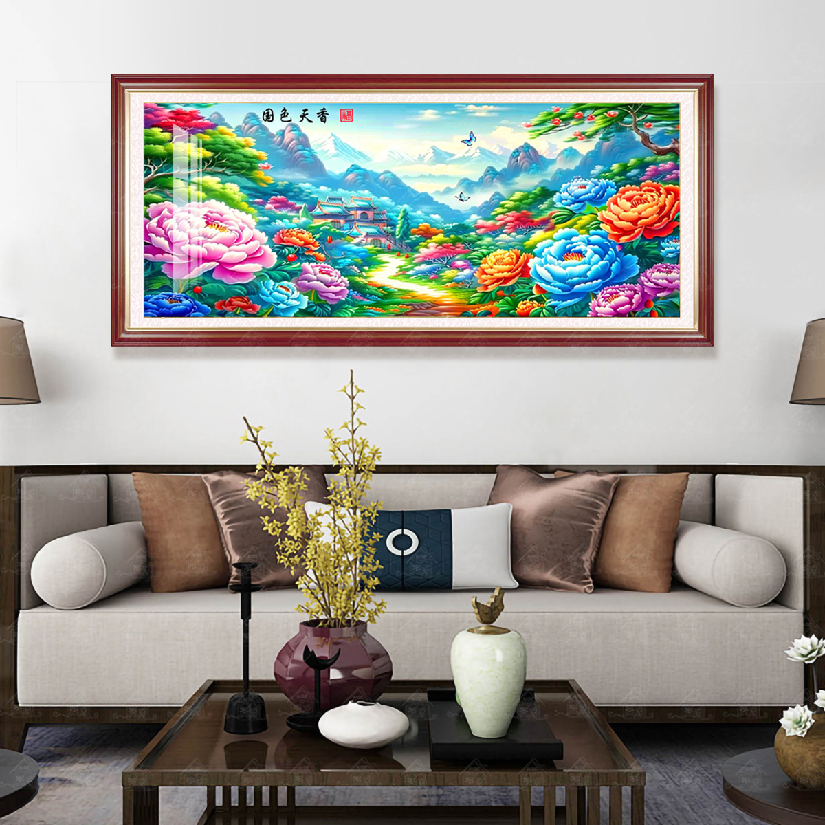 【进口棉布】爱阁十字绣国色天香红牡丹中式大幅风景画客厅手工线绣