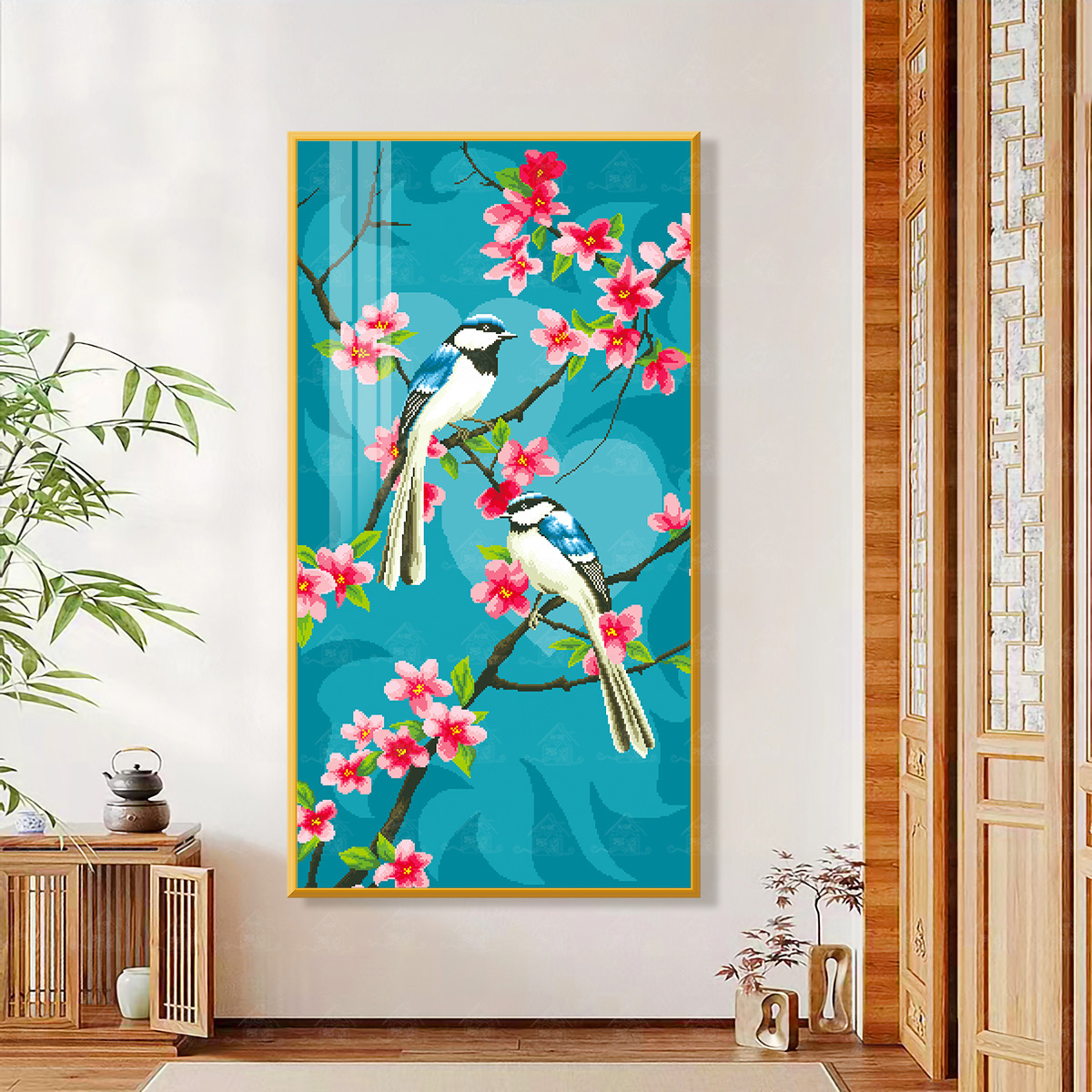 爱阁十字绣喜上眉梢竖版2025新款简约花卉吉祥装饰挂画手工线绣