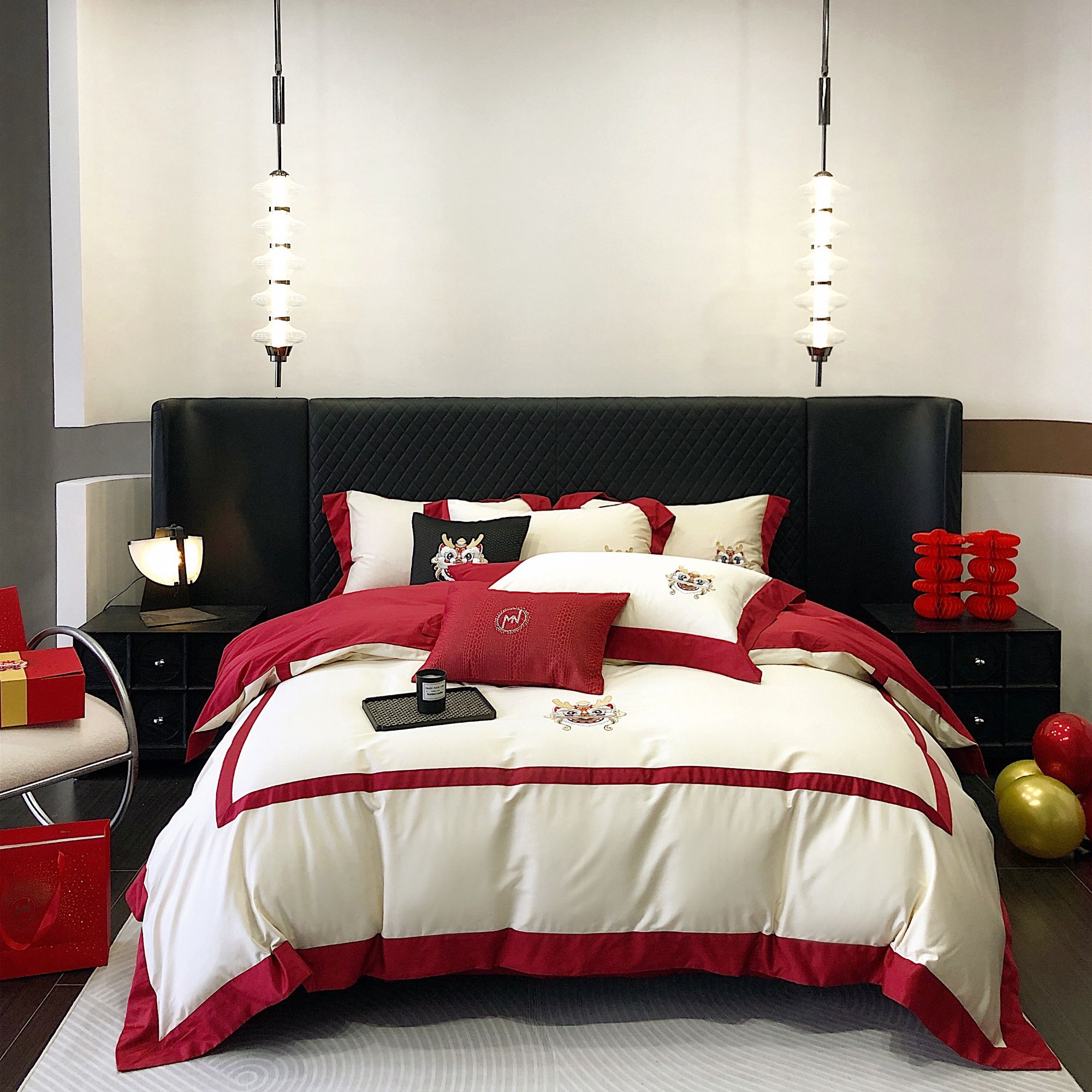 七彩湖【有龙则灵】新春限量定制款结婚乔迁简约轻奢绣花全棉四件套