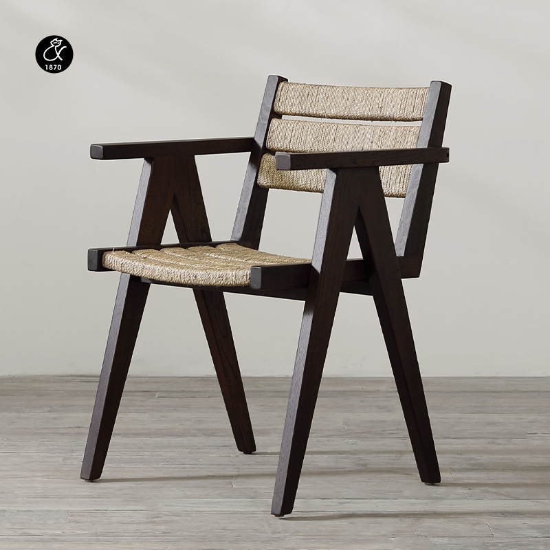 侘寂东南亚麻草绳编P.J实木扶手椅 日式中古昌迪加尔复古旧木餐椅