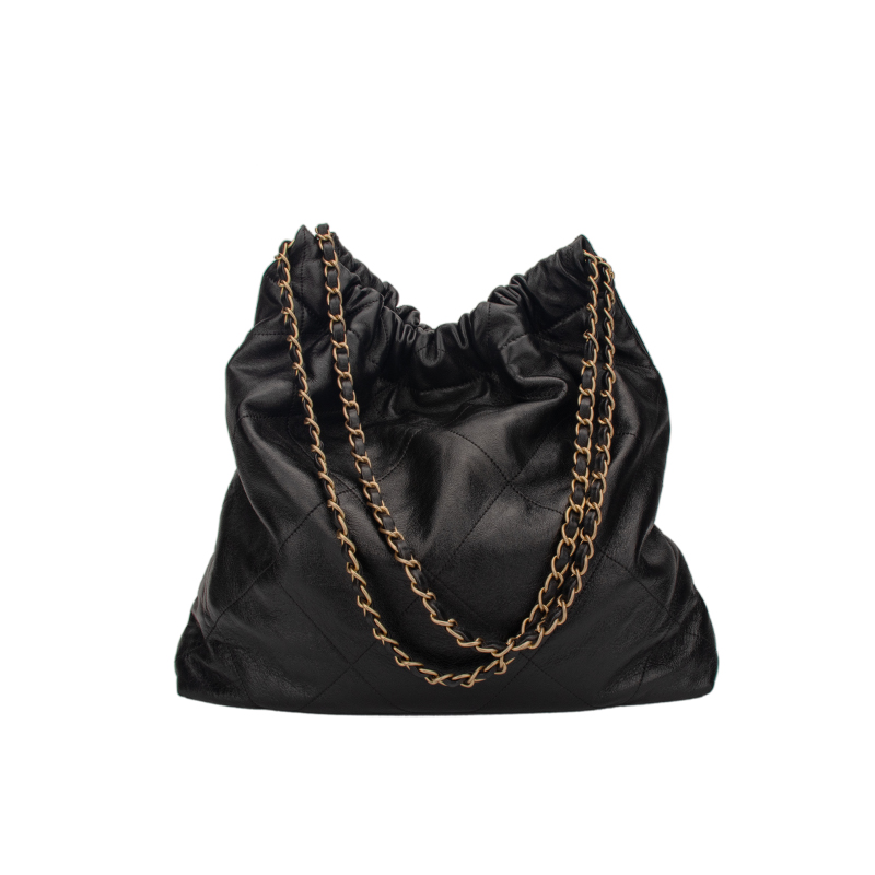 亮liangmade真皮时尚链条菱格垃圾袋女士包包黑色单肩包经典