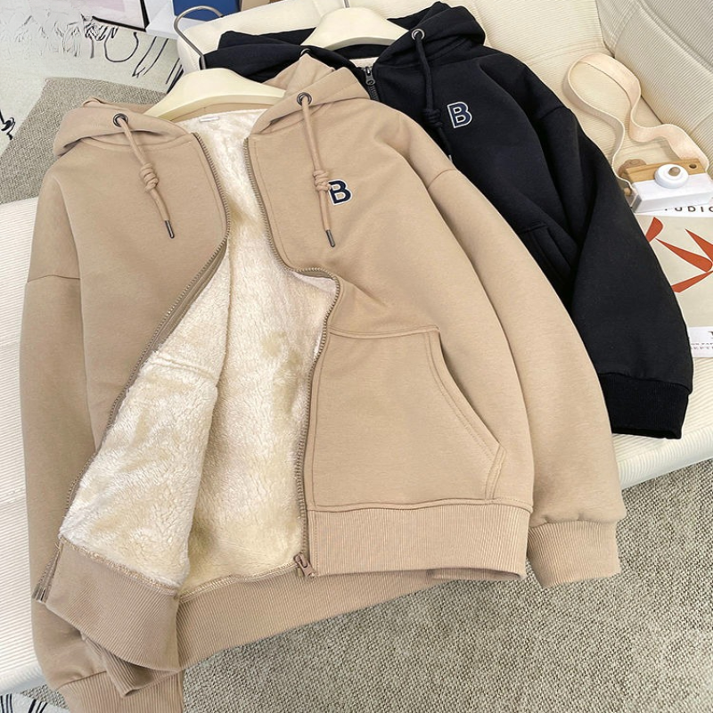 户外抓绒衣连帽运动卫衣百搭加厚女春秋宽松保暖休闲长袖拉链开衫