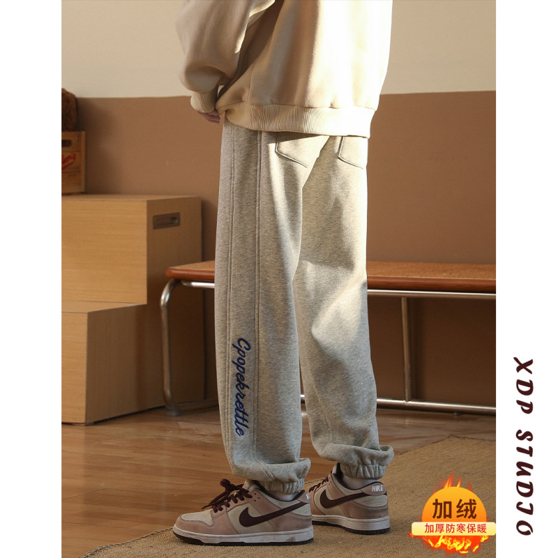 加绒加厚冬季保暖裤子男潮流束脚卫裤宽松运动裤美式复古休闲裤