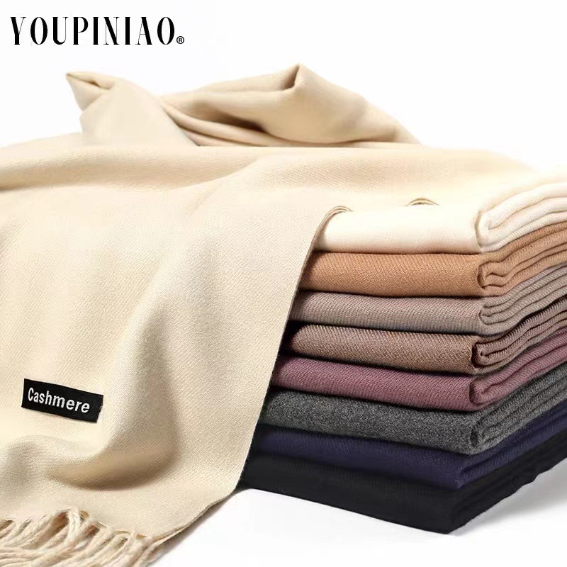 秋冬纯色仿羊绒中国红围巾女双面加厚保暖围脖披肩秋冬季两用款