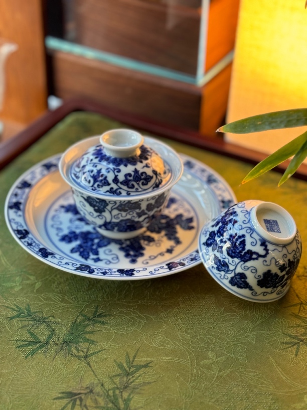 知否｜甄选景德镇陶瓷仿明青花润山窑葡萄纹盖碗茶盖碗杯壶茶具承