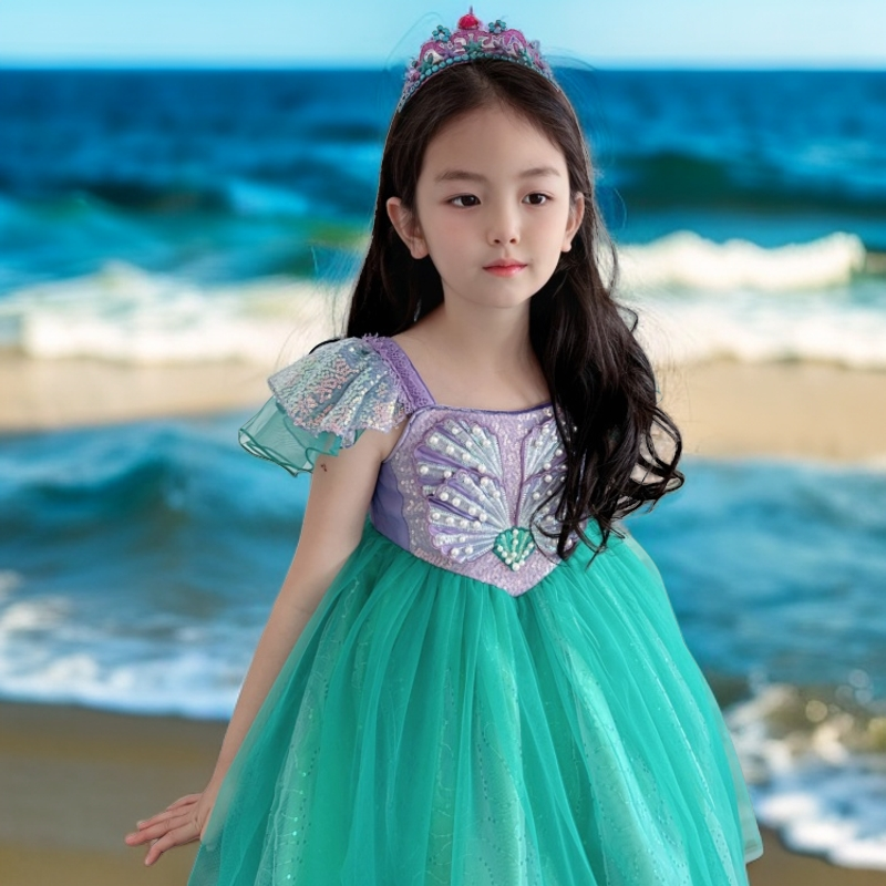 女童发光美人鱼公主裙夏季新款儿童生日礼服裙高级女孩飞袖连衣裙