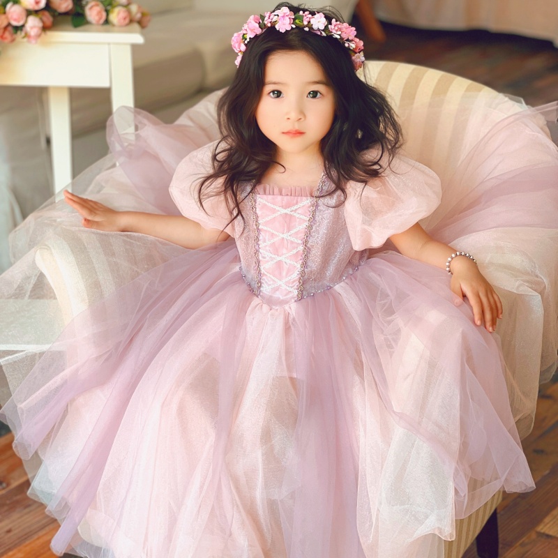 女童夏装2024生日party新款乐佩长发公主小女孩洋气网纱蓬蓬裙