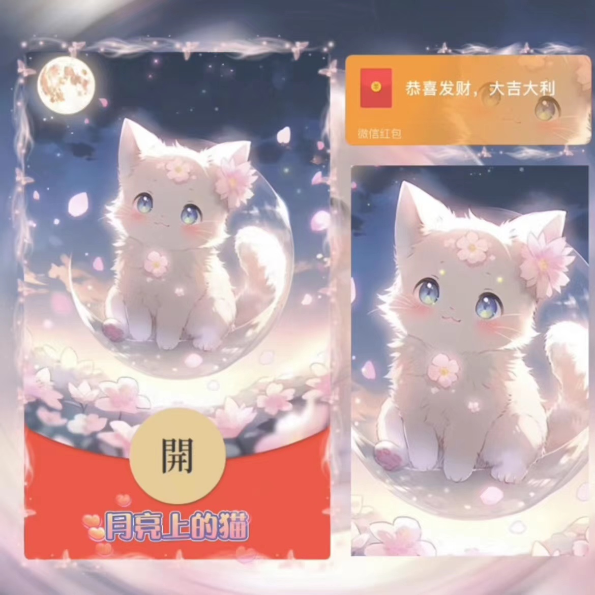2024年龙年新年月亮上的猫可爱卡通微信炫酷动态音乐视频红包封面