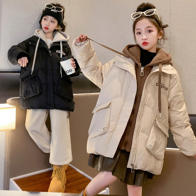 鸭鸭假两件女童羽绒服2023新款中长款儿童中大童小女孩冬装加厚外