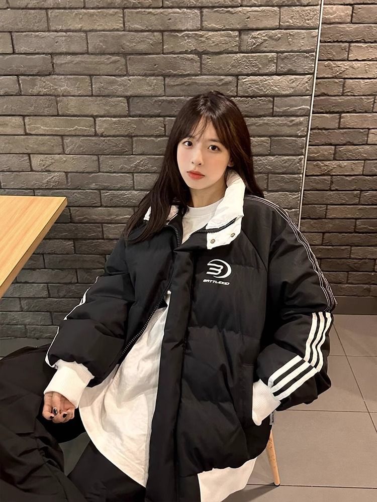 鸭鸭大码美式羽绒服外套女冬季情侣高街胖妹妹复古撞色条纹羽绒衣