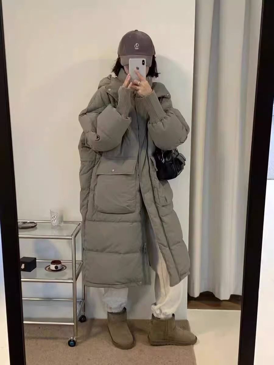 鸭鸭反季2023冬季新款羽绒服女中长款连帽韩版大口袋宽松加厚ins