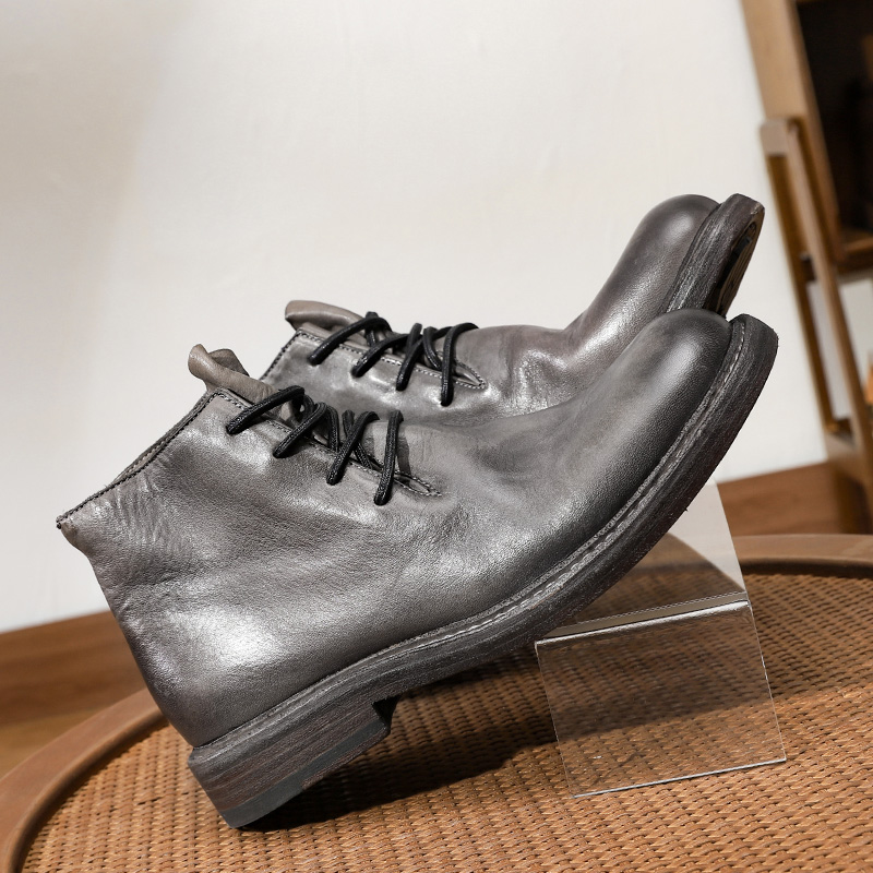高级灰男士头层牛皮沙漠靴圆头高帮皮靴男户外防风沙真皮底伯乐鉴