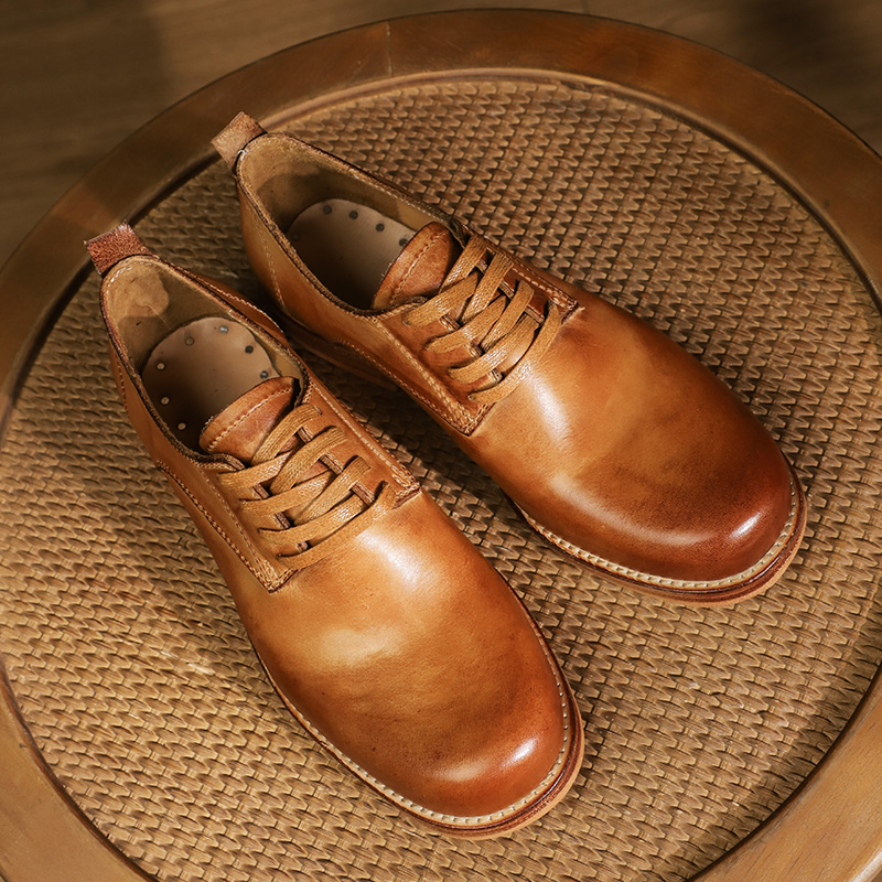 男士手工水洗牛皮休闲皮鞋厚底德比正装皮鞋复古轻盈舒适圆头皮鞋