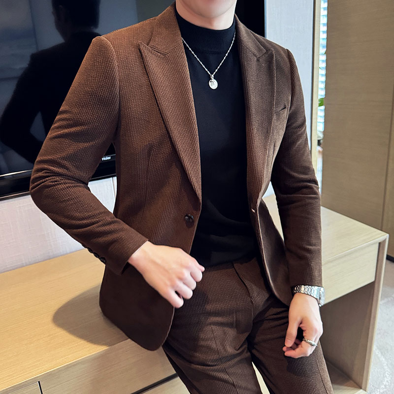 秋冬加厚西服套装男士修身休闲灯芯绒西装英伦潮流高端西装两件套