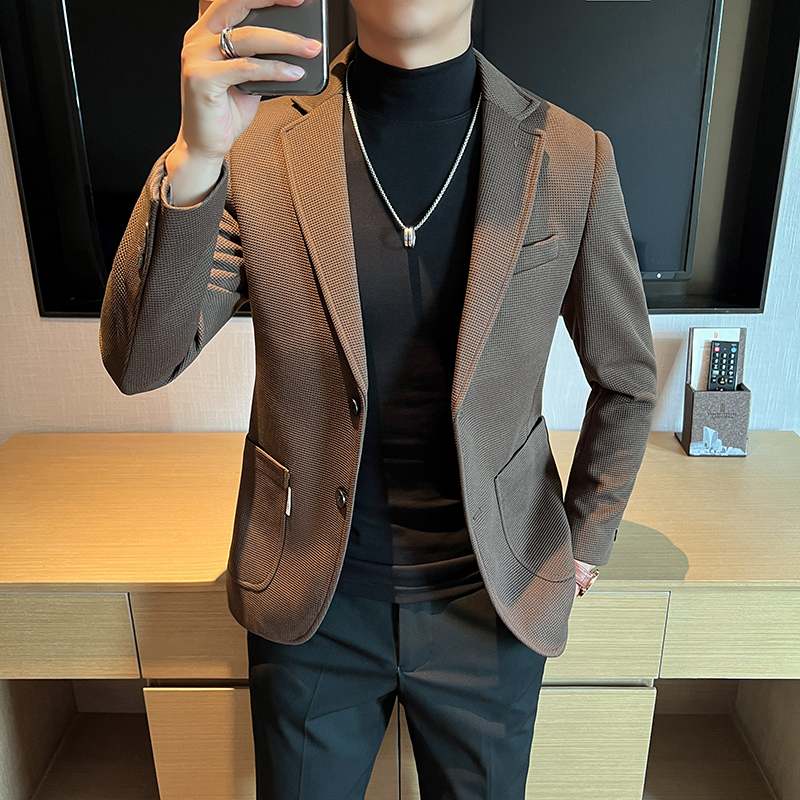 新款秋冬加厚外套男士修身西装休闲潮流华夫格西服帅气百搭小西装