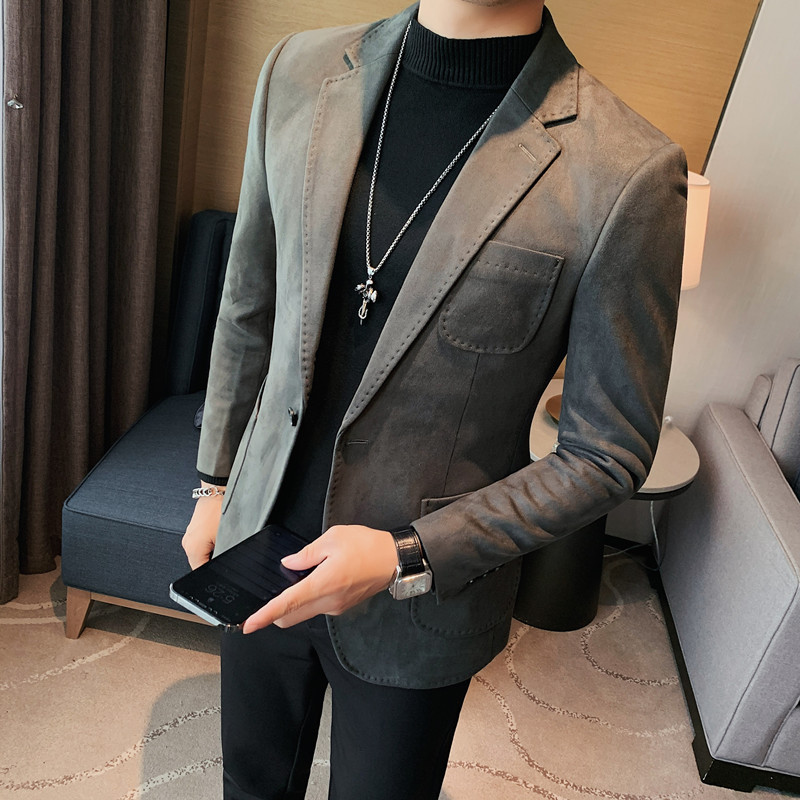 2025潮流新款麂皮绒小西装外套男士韩版修身纯色一粒扣西服潮