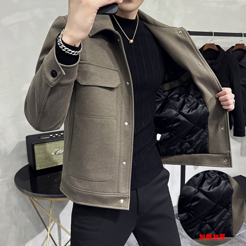 秋冬加棉加厚保暖毛呢翻领小西装夹克男休闲短款西服夹克呢外套潮