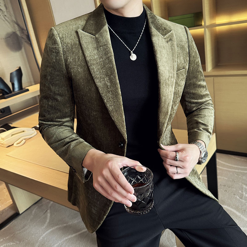 秋冬金丝绒西装外套男士休闲条纹西服商务休闲潮流帅气修身单西装