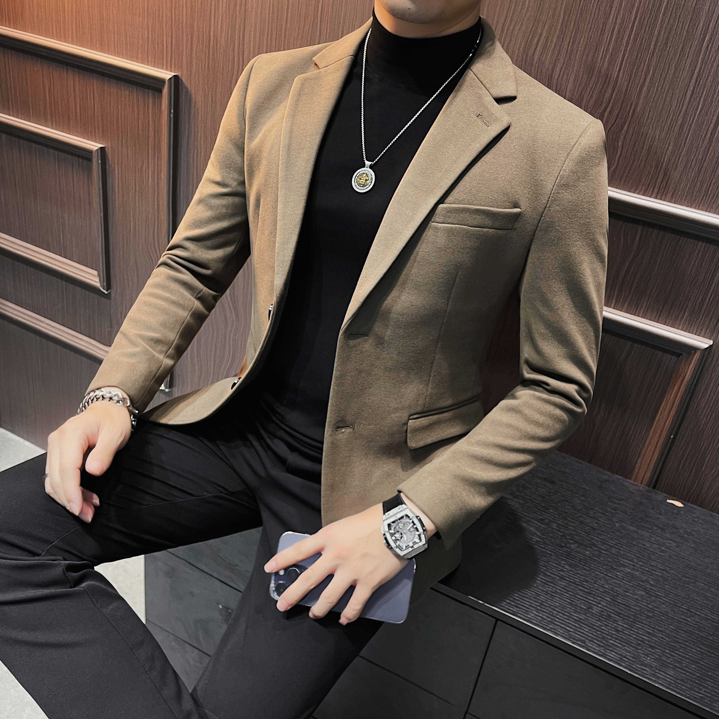 男士休闲西装修身高级感秋冬季毛呢子外套厚款小西服男星空呢上衣