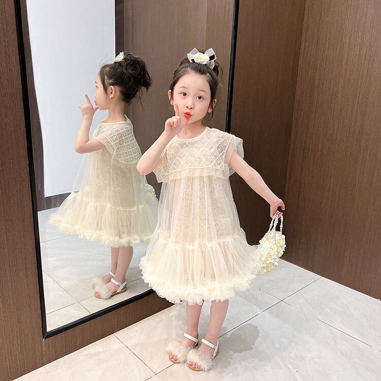网纱裙公主儿童2024夏季重工串珠女童网纱背心裙大裙摆礼服裙子