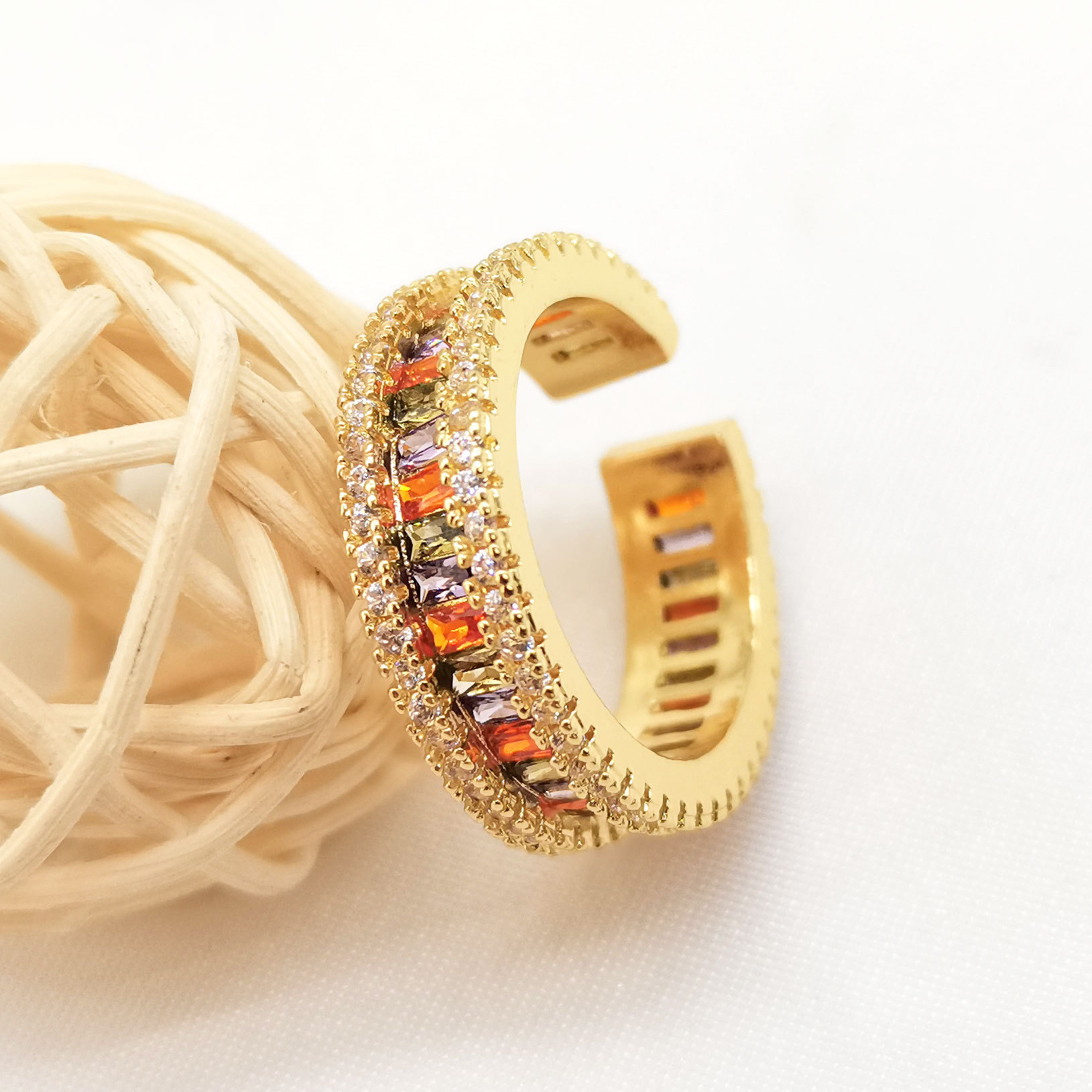 铜合金锆石戒指 LK049铜镀真金彩锆戒指女开口可调节戒指轻奢气质