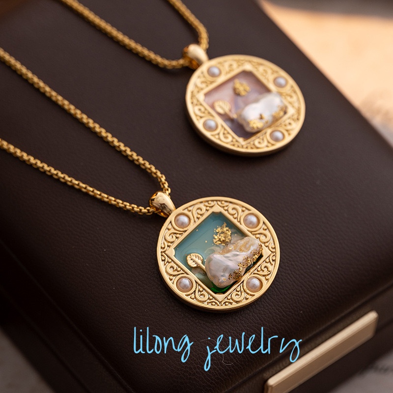 铜合金项链 国风复古新中式个性圆形油画吊坠小众设计锁骨链蓝色