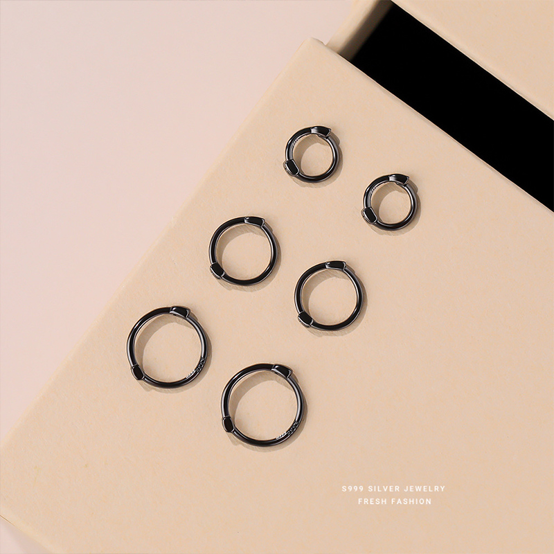 足银银制品 S999足银黑色素圈耳扣耳环圈女小众设计感耳环男免摘