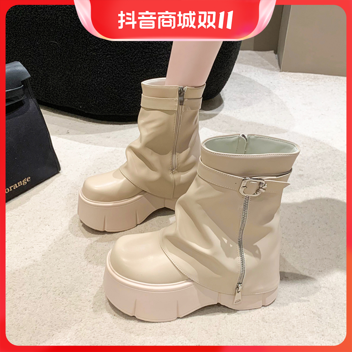 红蜻蜓牌真皮裤腿靴女2023秋冬新款百搭厚底增高马丁靴休闲时装短