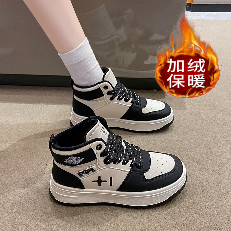 红蜻蜓牌加绒高帮鞋女2023秋冬季新款黑色运动鞋百搭休闲增高板鞋