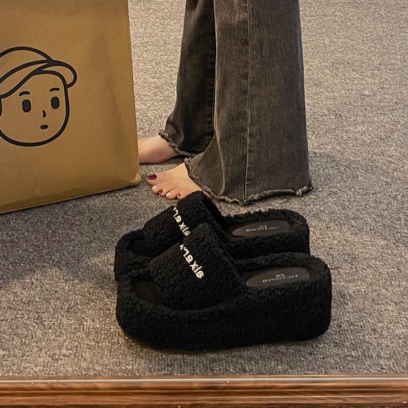 红蜻蜓牌小众字母厚底坡跟毛毛拖鞋女冬天外穿2023秋季新款时尚一