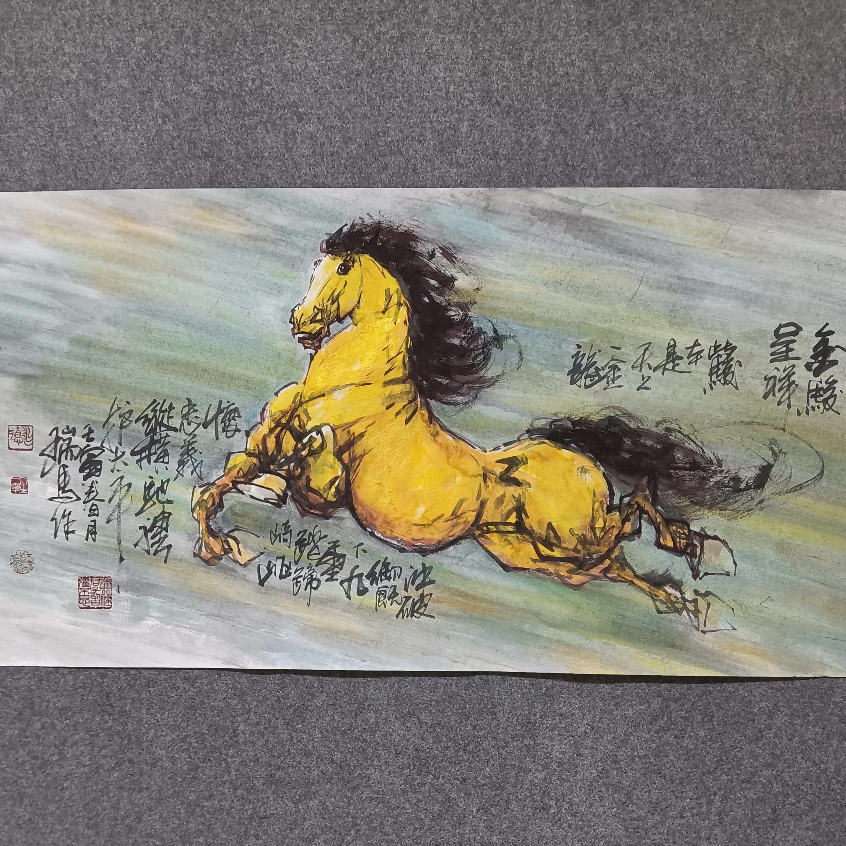 国画瑞永德手绘骏马图《金骏呈祥》八尺客厅书房办公室会议室水墨